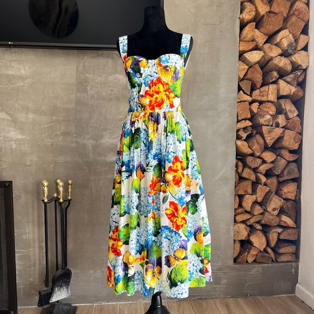 DOLCE & GABBANA -  BUSTIER-BODICE FLORAL-PRINT POPLIN MIDI DRESS IN BLUE